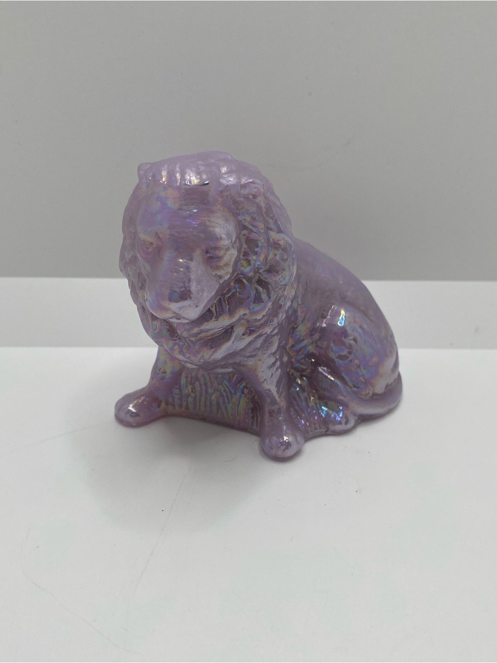 Vintage Mosser Art Glass Majestic Lion Figurine Lavender Iridescent 3” Tall